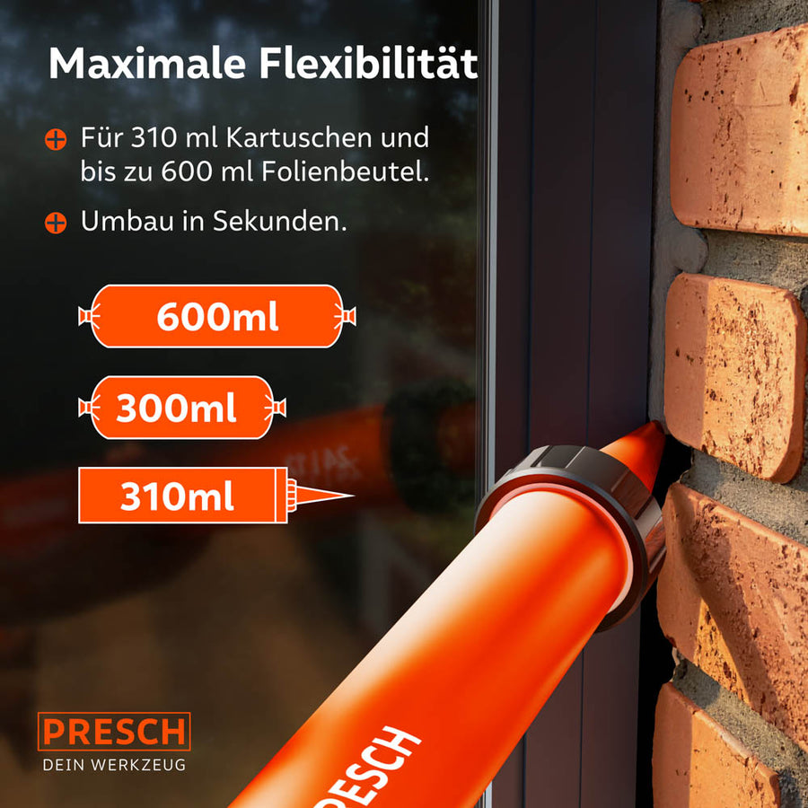 Detailopname bij het voegen van een klinkerwand, die de compatibiliteit met 310 ml cartridges en 300 ml en 600 ml foliezakken benadrukt voor maximale inzetflexibiliteit.