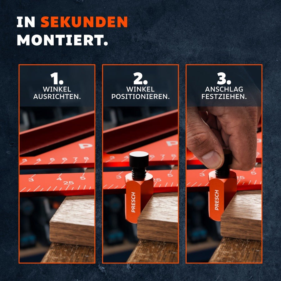 De reeks afbeeldingen toont de montage van de klemaanslag in drie stappen: uitlijnen, positioneren en vastdraaien.