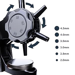 PRESCH Lochzange 3.2mm mit markierten Stanzgrößen und Revolverkopf, geeignet für präzise Lochungen und Perforationen.