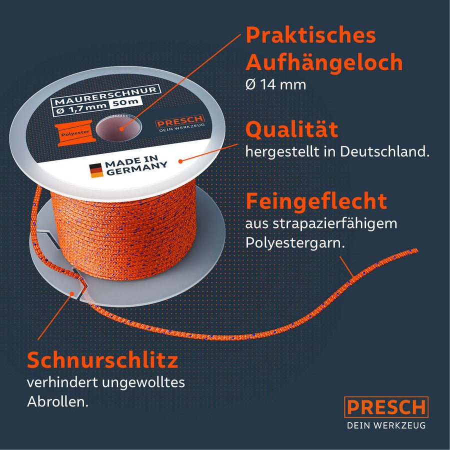 PRESCH Corde de maçon 1,7 mm × 50 m sur rouleau avec trou de suspension et fente pour corde, en fil polyester résistant, qualité Made in Germany