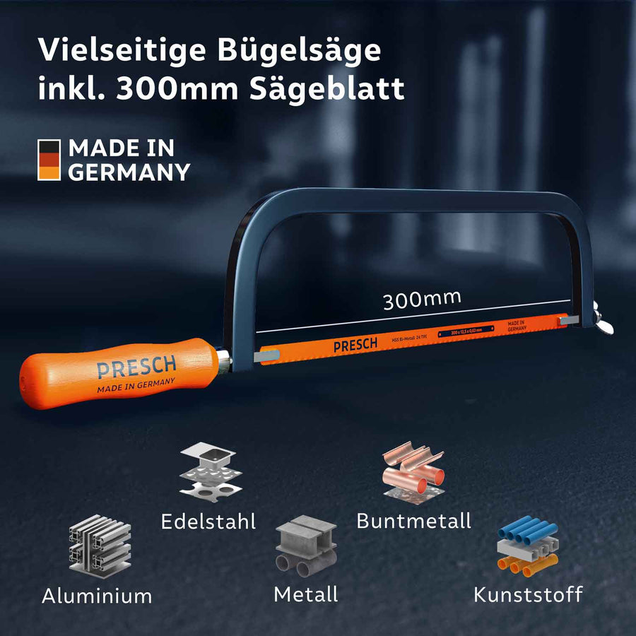 Vielseitige klassische Bügelsäge mit 300 mm Sägeblatt; geeignet für präzise Schnitte in Aluminium, Edelstahl, Metall, Buntmetall und Kunststoff.