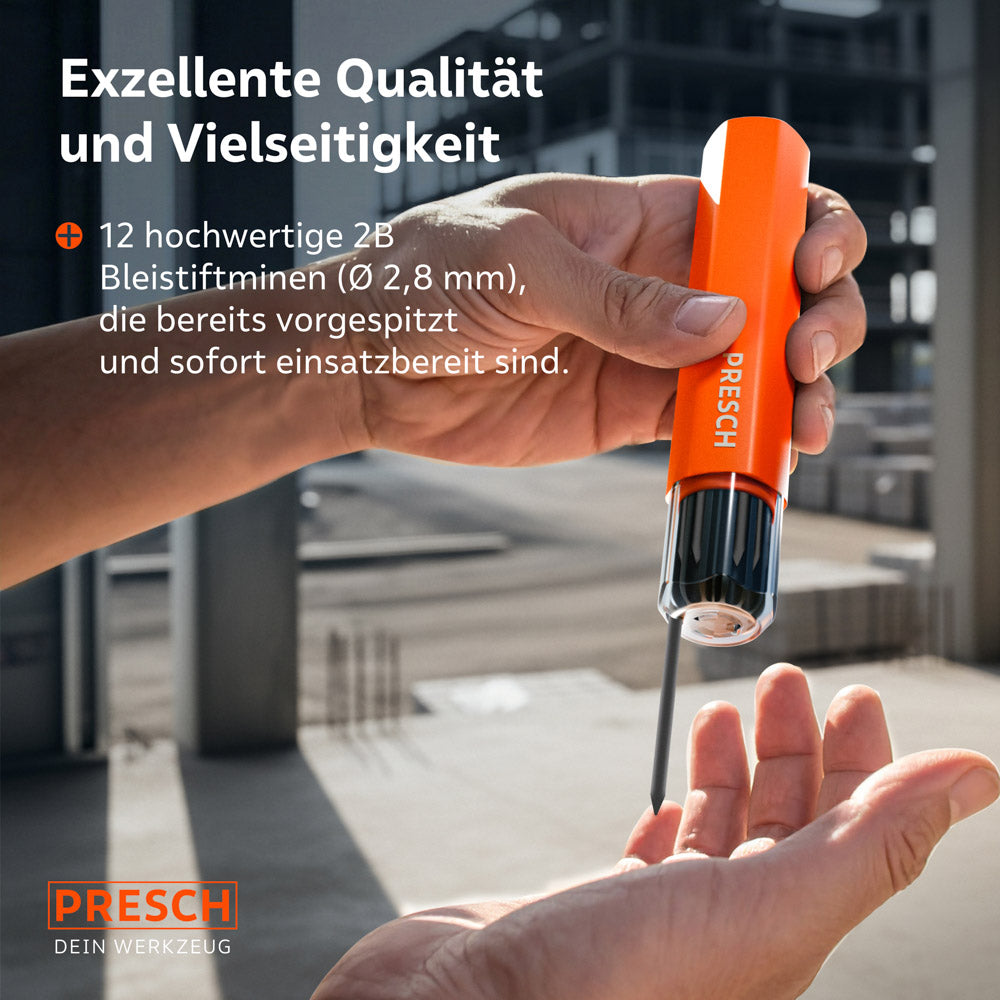 Eine Hand hält das Minenmagazin senkrecht nach unten, um eine der 12 bereits vorgespitzten 2B-Ersatzminen (Ø 2,8 mm) zu entnehmen.
