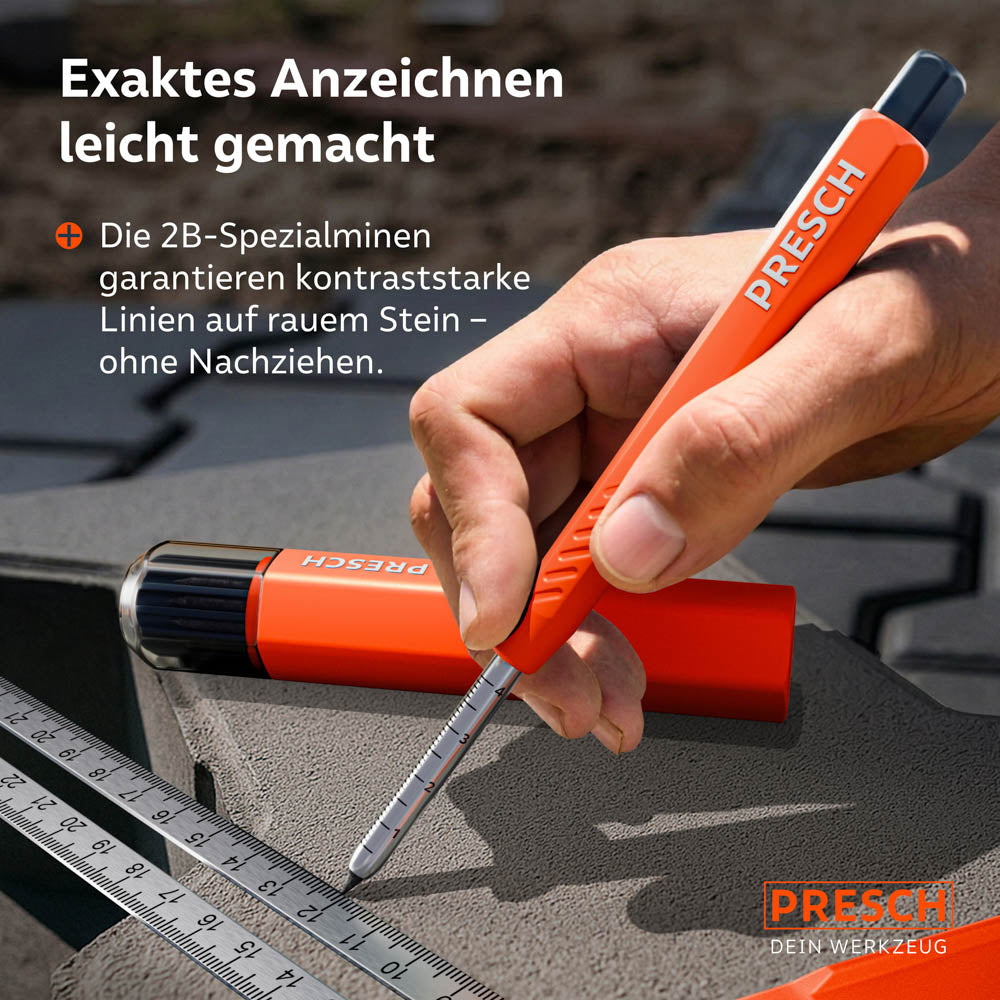 Präzises Anzeichnen auf rauem Stein mit dem Tieflochmarker und einer 2B-Spezialmine entlang eines Metallwinkels.