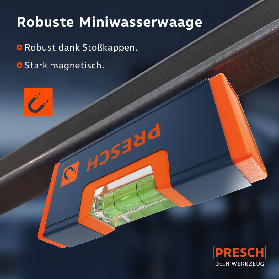 PRESCH Mini-Wasserwaagen-Set mit robusten Stoßkappen und magnetischer Funktion für präzise Messungen
