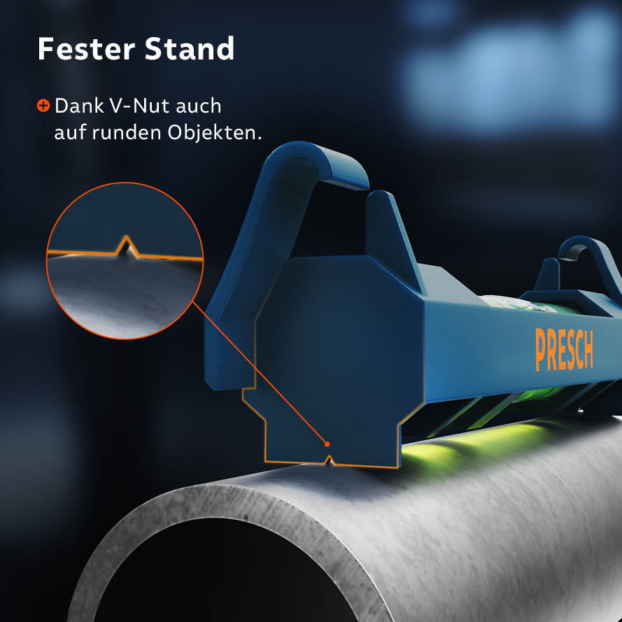 PRESCH Mini-Wasserwaagen-Set auf einer runden Oberfläche mit V-Nut für stabilen Halt und exakte Ausrichtung.