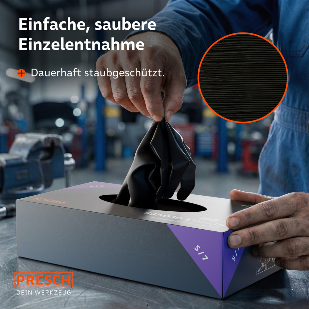 Entnahme eines schwarzen Handschuhs aus der staubgeschützten Spenderbox.