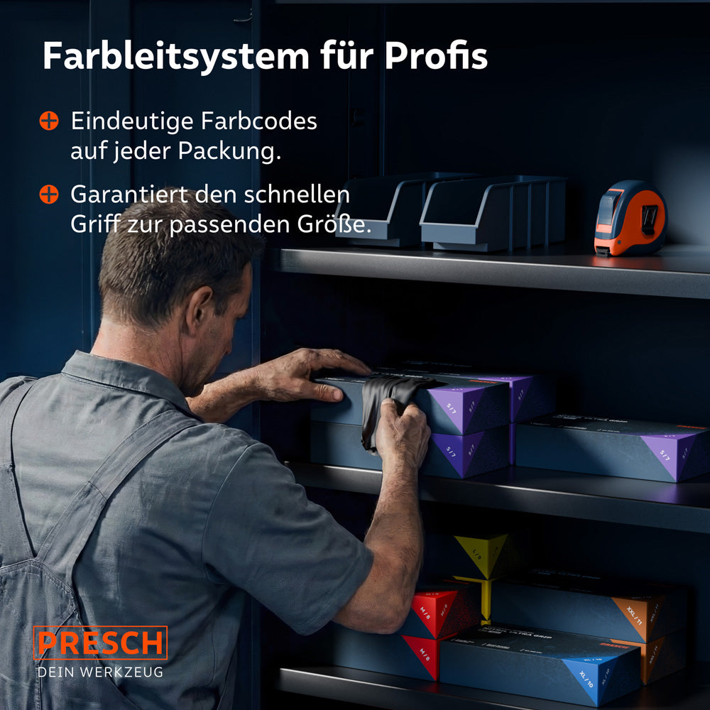 Farbleitsystem im Regal für schnellen Zugriff auf die passende Handschuhgröße im Arbeitsalltag.