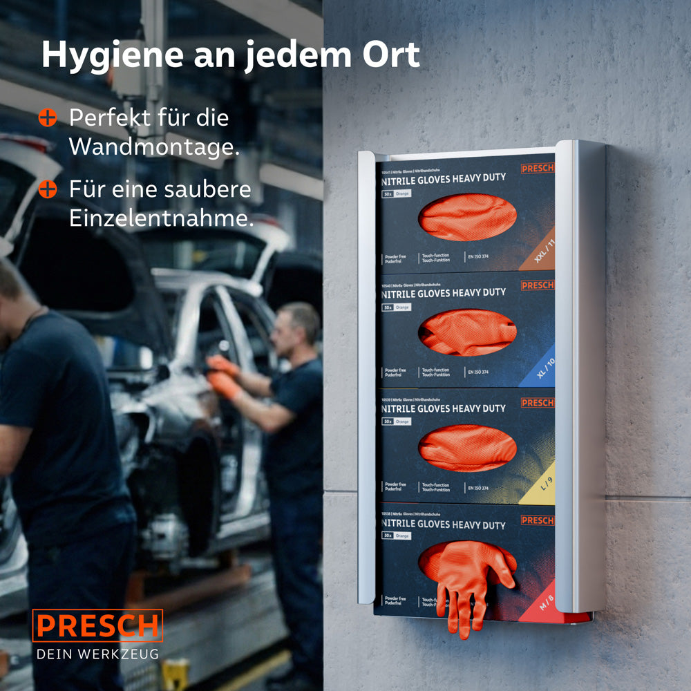 Wandhalterung aus Metall mit vier Spenderboxen der orangen Heavy Duty Nitrilhandschuhe in den Größen M bis XXL für eine saubere Einzelentnahme.