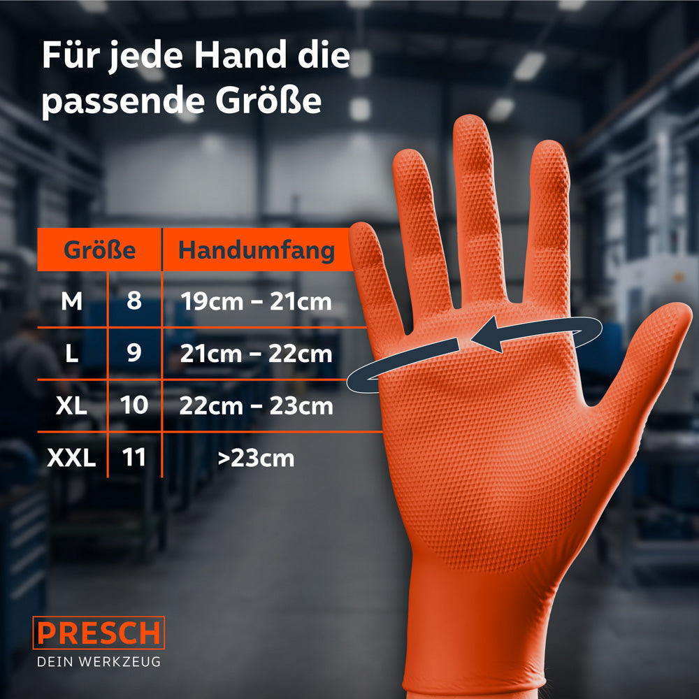 Maßtabelle für Handschuhgrößen (M, L, XL, XXL) mit entsprechender Handbreite in mm, dargestellt neben einem orangen Handschuh mit Diamantstruktur.
