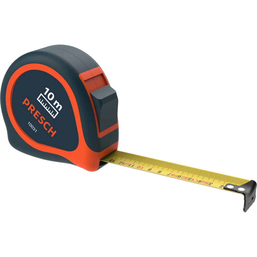 Achterkant van de 10‑meter meetlint toont de riemclip en het uitgetrokken meetlint.