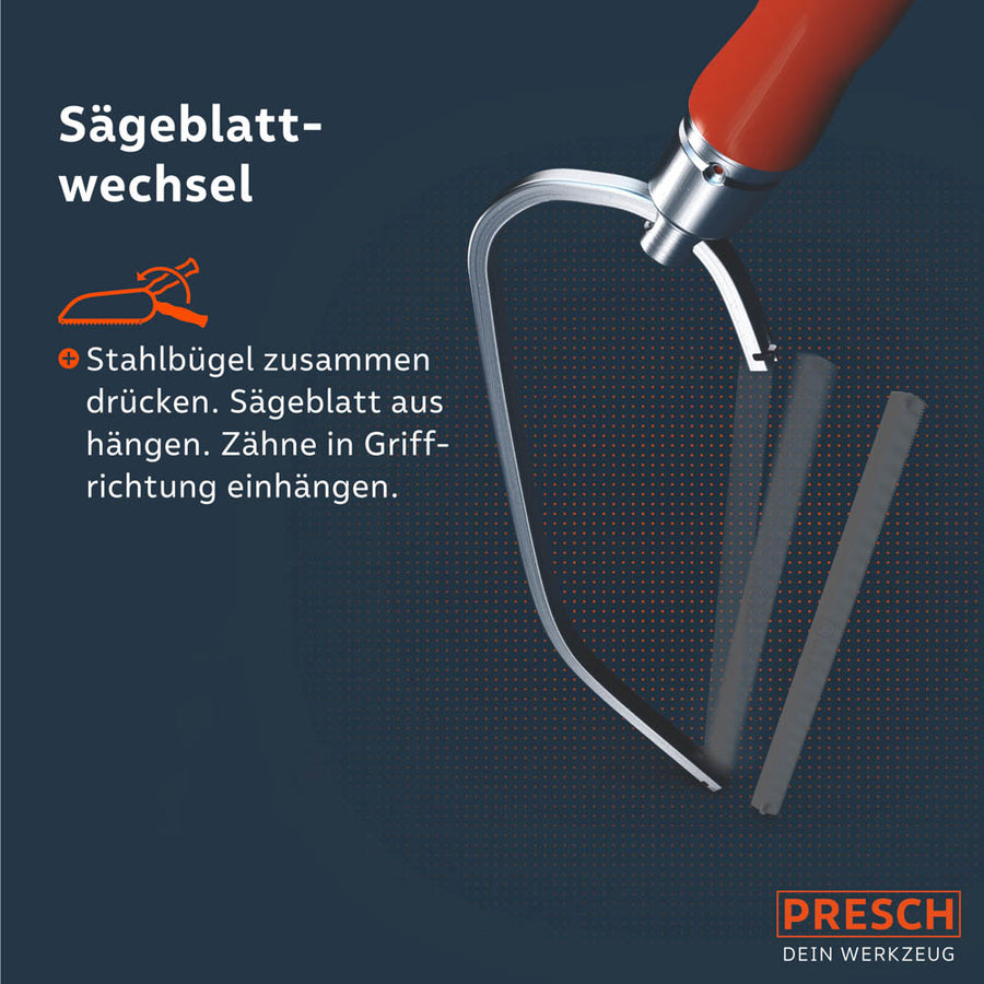 Stapsgewijze instructies voor het wisselen van het zaagblad: De stalen beugel samendrukken om de bladen eenvoudig los te maken en te bevestigen.