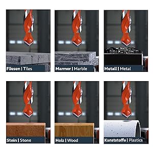 PRESCH Profi Universalbohrer 3.3 mm in Anwendung auf verschiedenen Materialien wie Fliesen, Marmor, Metall, Stein, Holz und Kunststoff.