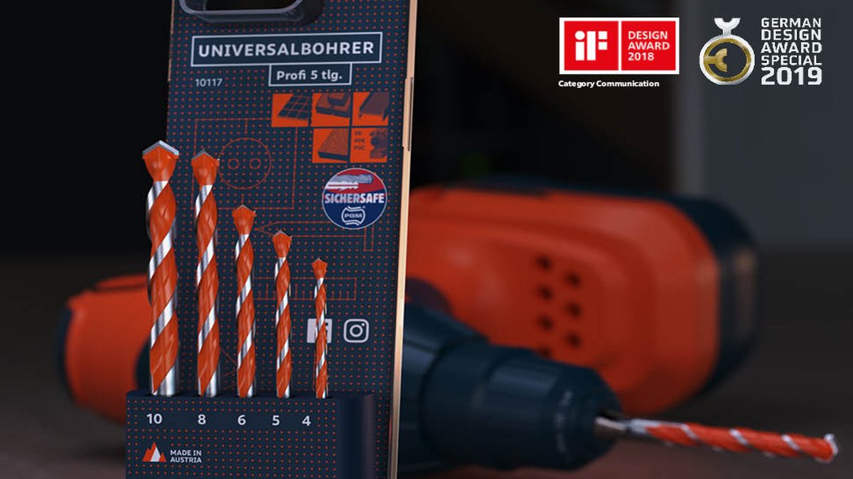 Presch Profi Universalbohrer-Set vor einer Bohrmaschine, inklusive Mehrzweckbohrer und Spiralbohrer in Verpackung