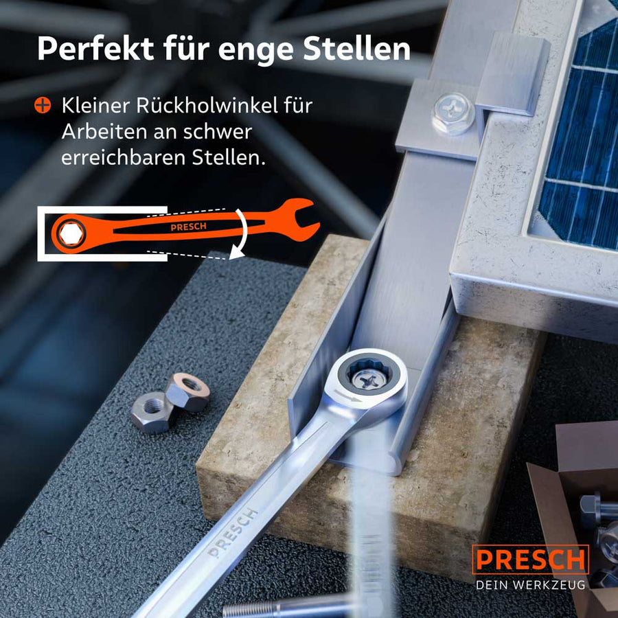 Demonstratie van de extreem kleine terugloophoek. De grafiek verduidelijkt hoe het gereedschap efficiënt schroeven op die plaatsen mogelijk maakt, waar slechts zeer weinig ruimte is om te beginnen.