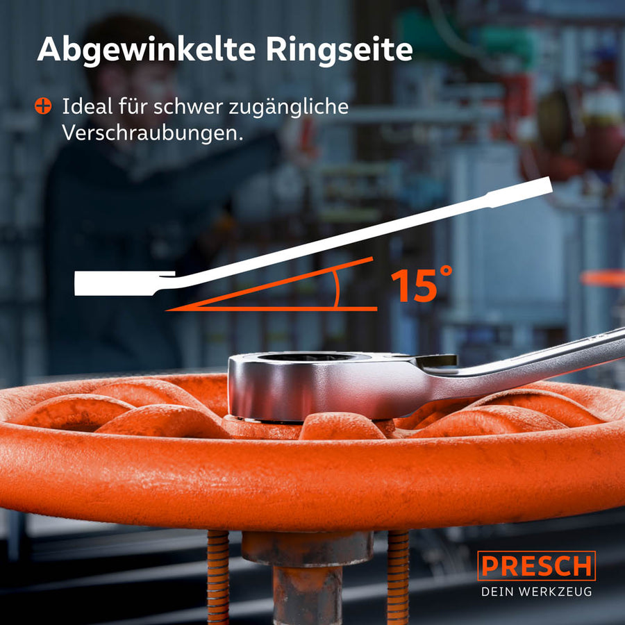 Toepassingssituatie bij sanitairwerk aan leidingverbindingen. De 15°-kanteling van de muiskant maakt een offsetpositie mogelijk en biedt meer bewegingsvrijheid in krappe plekken.