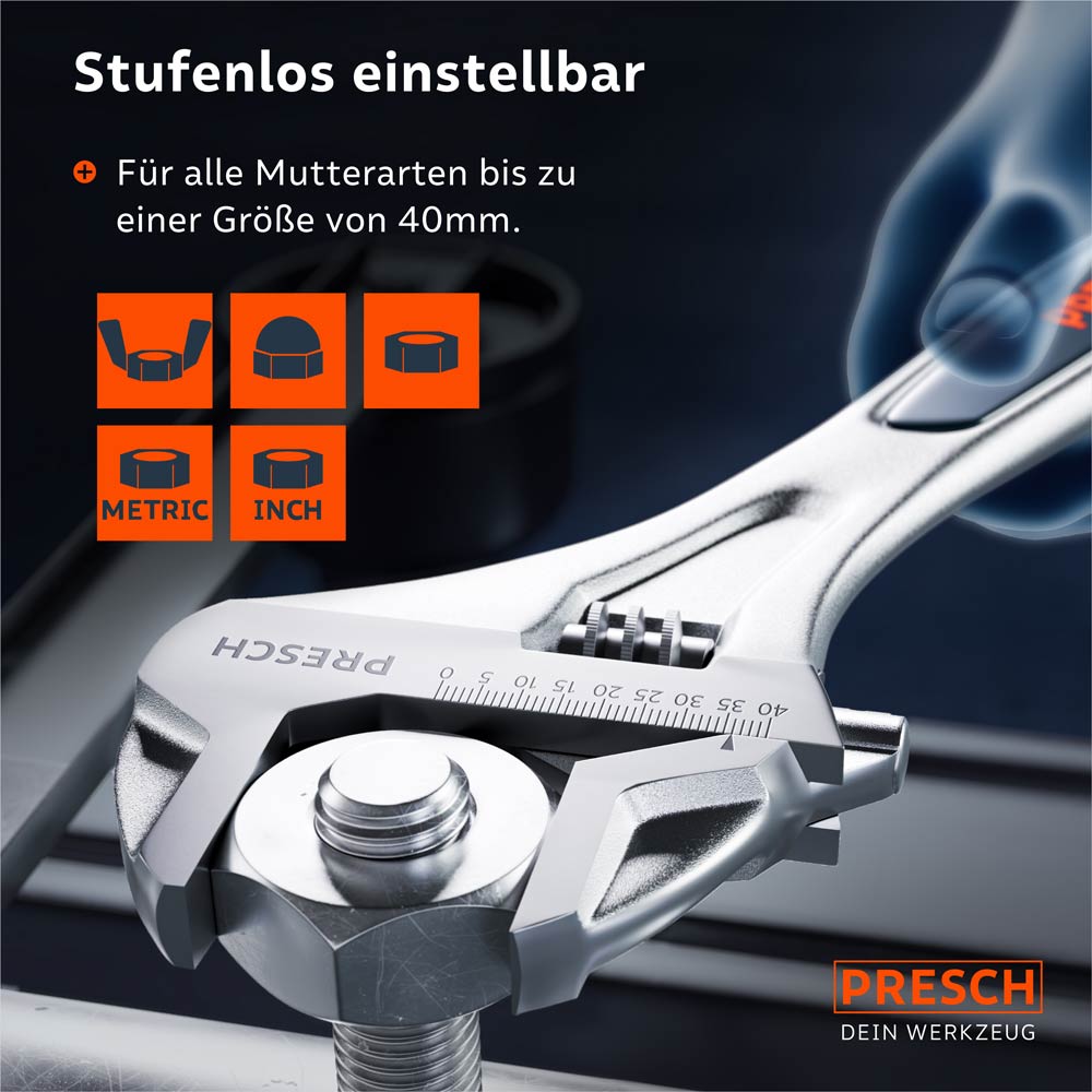 Nahaufnahme der präzisen Skalierung; der Rollgabelschlüssel ist stufenlos einstellbar für große Muttern bis zu einer Größe von 40 mm.