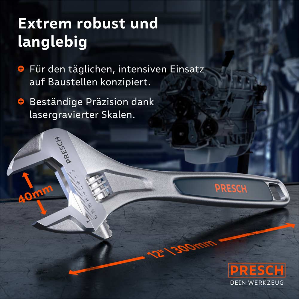 Produktmaße und Robustheit: Mit einer Länge von 300 mm (12") und einer maximalen Spannweite von 40 mm ist das Werkzeug für den harten täglichen Einsatz und große Hebelkräfte konzipiert.