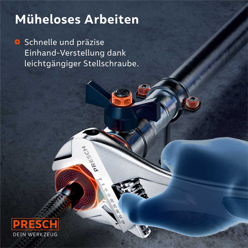 Anwendungsbeispiel Sanitär/Industrie: Schnelle und präzise Einhand-Verstellung dank der leichtgängigen Stellschraube bei Arbeiten an großen Rohrverbindungen.