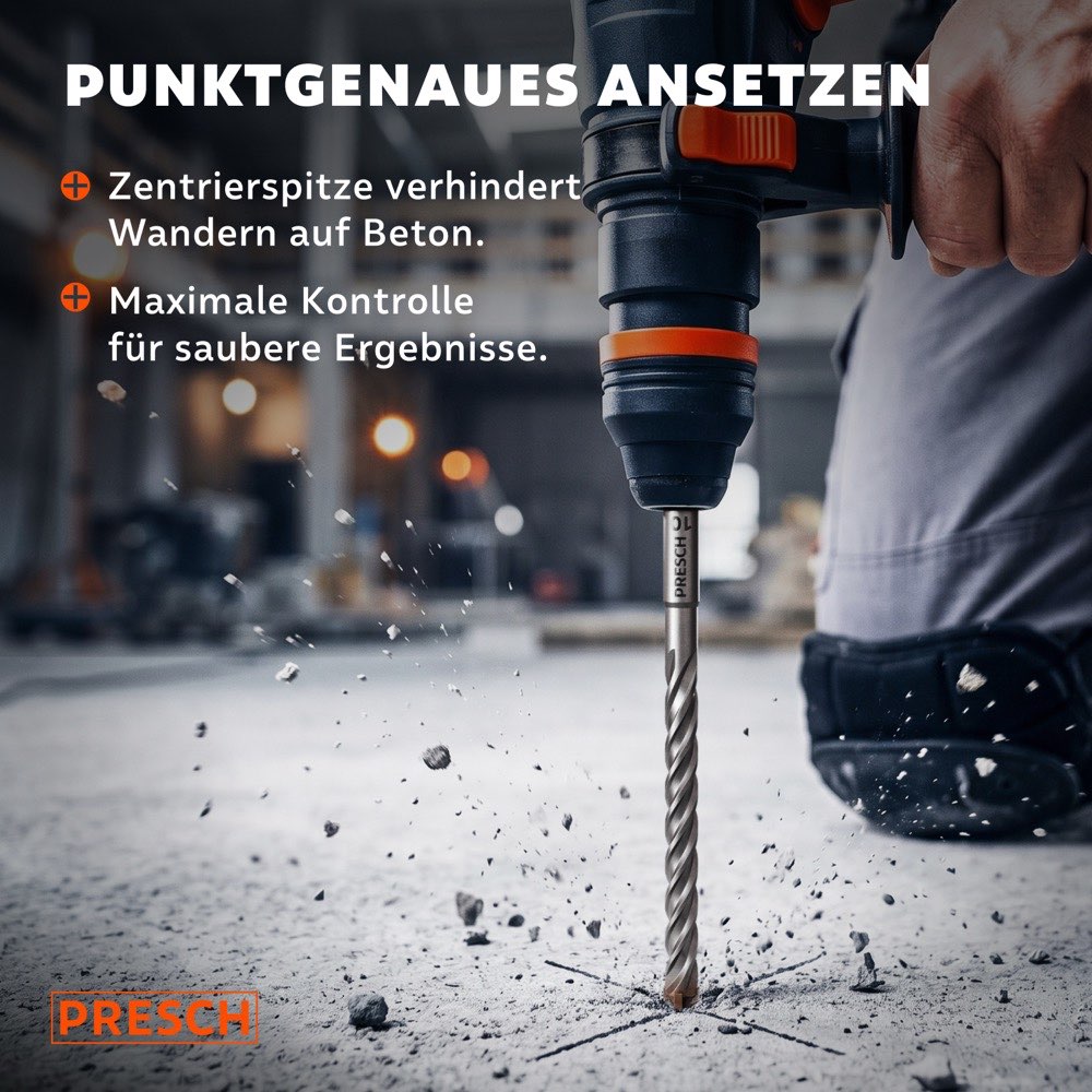 SDS-Plus boorhamer zet nauwkeurig aan op een betonnen vloer, betonstof spat opzij bij het boren
