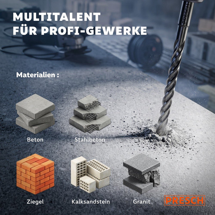 SDS-Plus Hammerbohrer bohrt in Betonplatte, davor Materialproben von Beton, Stahlbeton, Ziegel, Kalksandstein und Granit