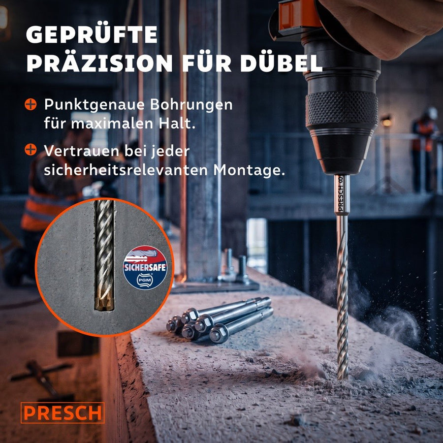 Bohrhammer setzt SDS-Plus Hammerbohrer präzise in Beton an, daneben liegende Dübel mit SICHERSAFE-Zertifizierungslogo im Bildausschnitt
