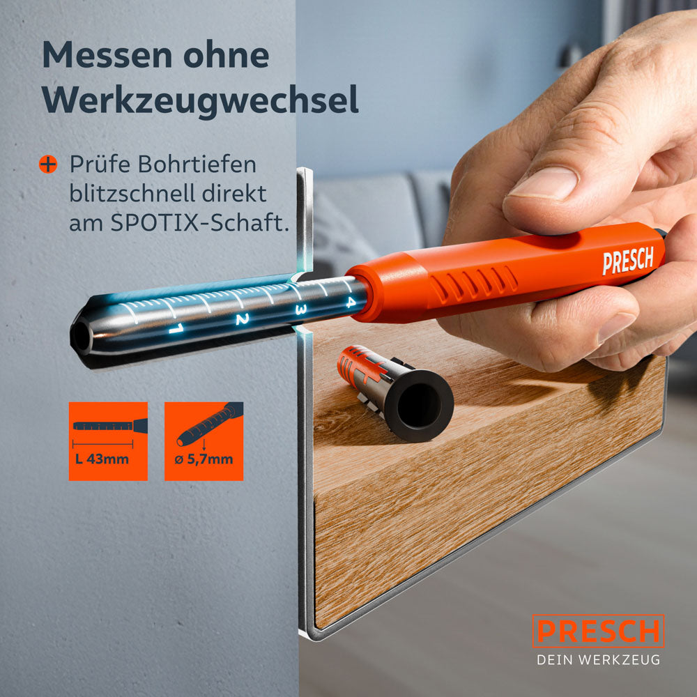 Der Schaft des Tieflochmarkers wird als Tiefenmesser in einem Bohrloch verwendet, um die Bohrtiefe blitzschnell zu prüfen.