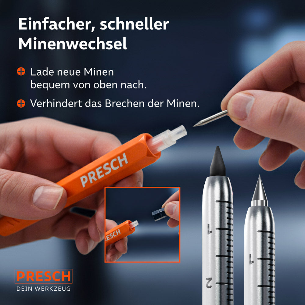 Nahaufnahme des Wechsels: Eine Anreißnadel wird bequem von oben in den Marker geladen; Inset zeigt den Vergleich zwischen Graphitmine und Stahlnadel.