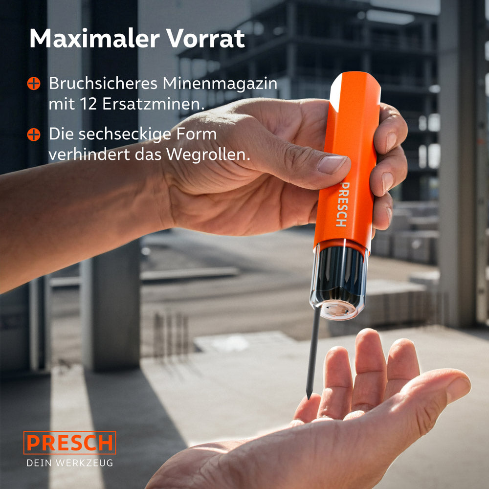Eine Hand hält das bruchsichere, sechseckige Minenmagazin senkrecht nach unten, um eine der 12 schwarzen Graphitminen (Ø 2,8 mm) zu entnehmen.