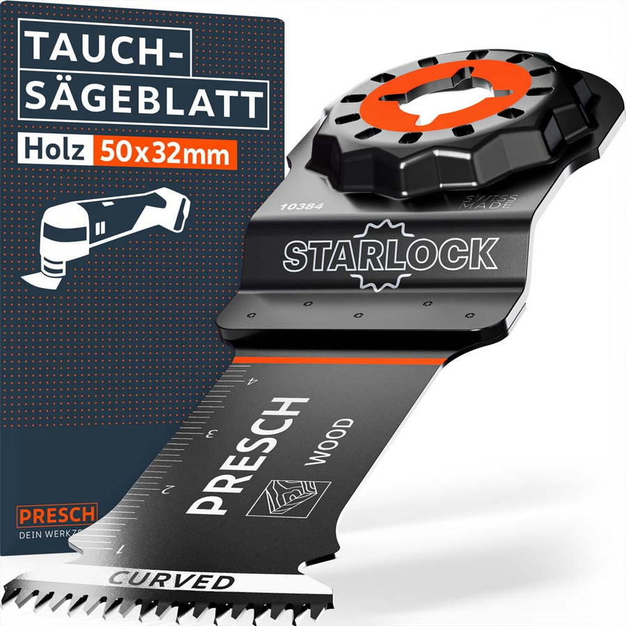 PRESCH Multitool dompelzaagblad voor hout (50x32mm) met Starlock-aansluiting. Hoogwaardig zaagblad met Curved‑Tec snijkant en geïntegreerde schaal, “Swiss Made”.