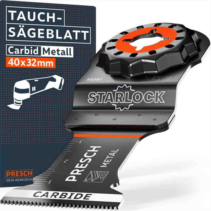 PRESCH Multitool onderzagschijf van carbide metaal (40x32mm) met Starlock-bevestiging. Hoogprestaties zaagblad met carbide-technologie voor geharde metalen, geïntegreerde schaal en "Swiss Made" markering.
