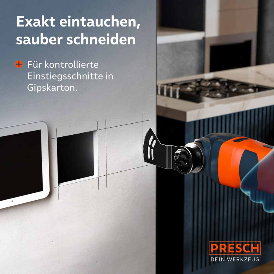 Precisie voor elektrische installaties: De multitoel-accessoires bij het gecontroleerd maken van een uitsnede in gipsplaat voor inbouwdozen.