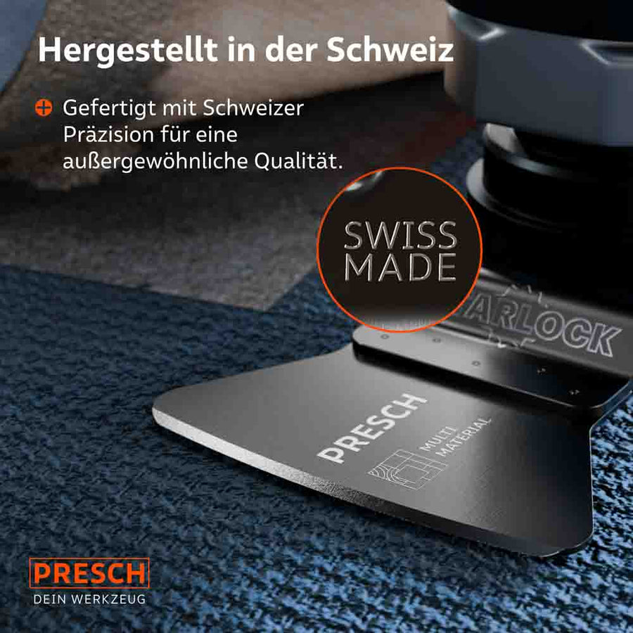 Zwitserse precisie voor renovatieprofessionals: Close‑up van het starre schrapblad met de “Swiss Made” gravure, die staat voor uitzonderlijke materiaalkwaliteit en duurzaamheid.
