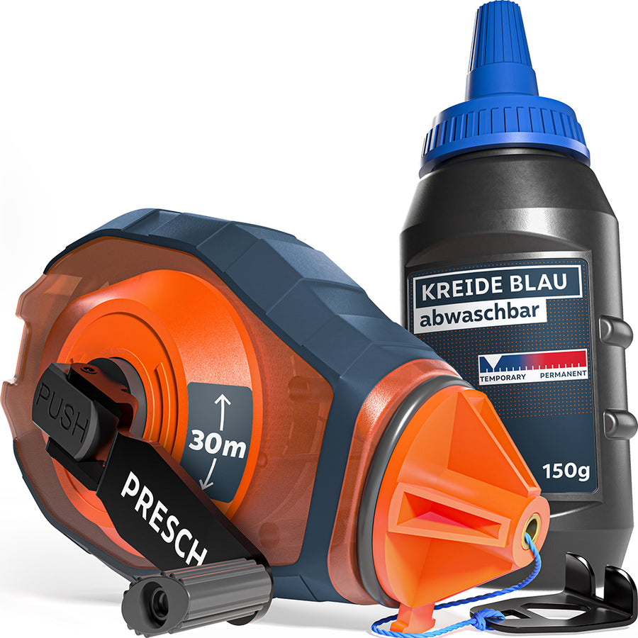 PRESCH set de corde à claquer comprenant un appareil ergonomique de 30 m en bleu‑orange et une bouteille de 150 g de craie de marquage bleue lavable.