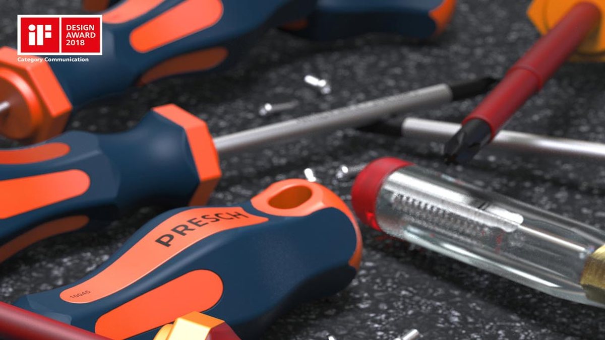 14-teiliges PRESCH Schraubendreher Set mit verschiedenen Schraubenziehern und Kreuzschlitzschraubendrehern auf dunklem Untergrund.