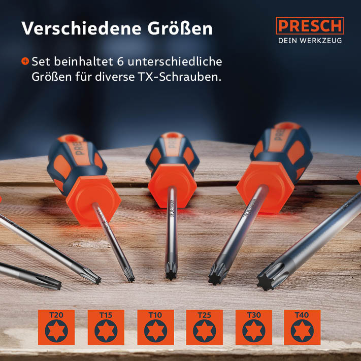 De TX-set bevat zes verschillende Torx-maten voor verschillende afmetingen van TX-schroeven.