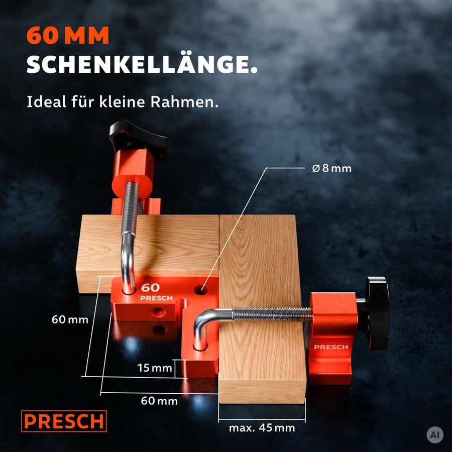 Maßzeichnung des 60 mm Winkels mit Spannbacke an zwei Holzstücken, Schenkel 15 mm stark