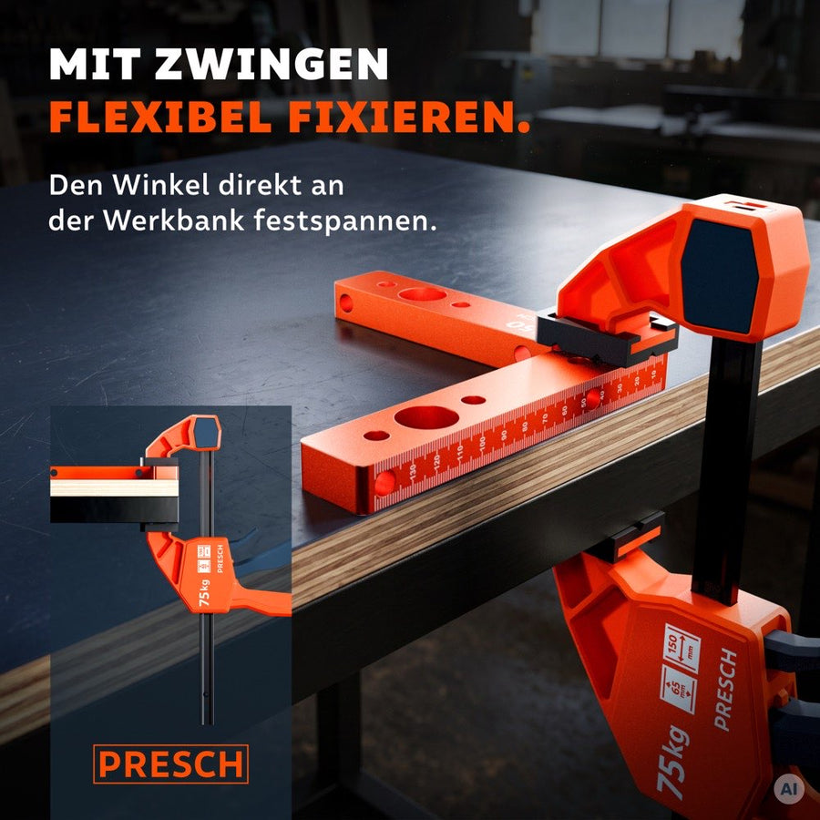 Winkel mit einer Schraubzwinge direkt an der Kante der Werkbank festgespannt