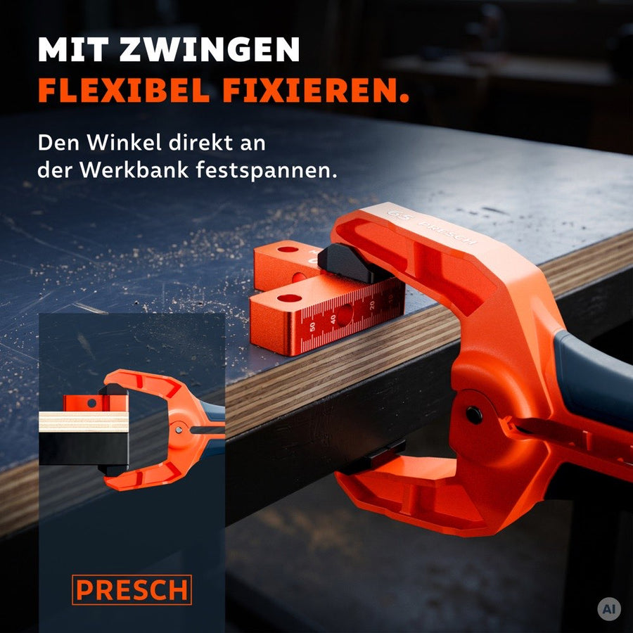 Winkel mit einer Schraubzwinge direkt an der Kante der Werkbank festgespannt