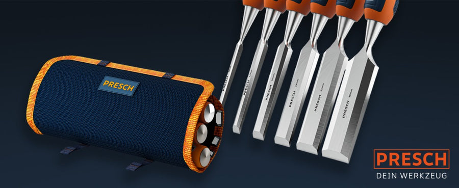 Sechsteiliger PRESCH Stechbeitel-Satz in Rolltasche mit präzisionsgeschliffenen Meißeln und ergonomischen Griffen für Holzbearbeitung