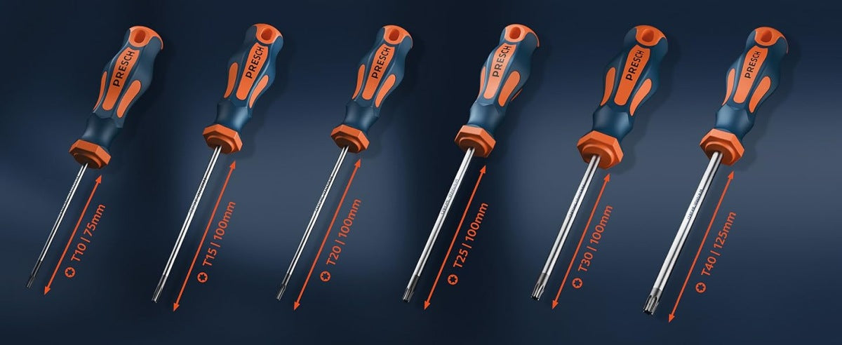 PRESCH Schraubendreherset mit verschiedenen Größen auf dunklem Hintergrund, einschließlich Kreuzschlitz- und Schlitzschraubenziehern.