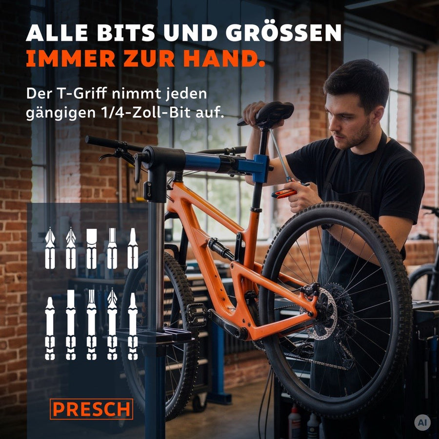 Monteur monteert met de T-greep bithouder aan een mountainbike in de werkplaats