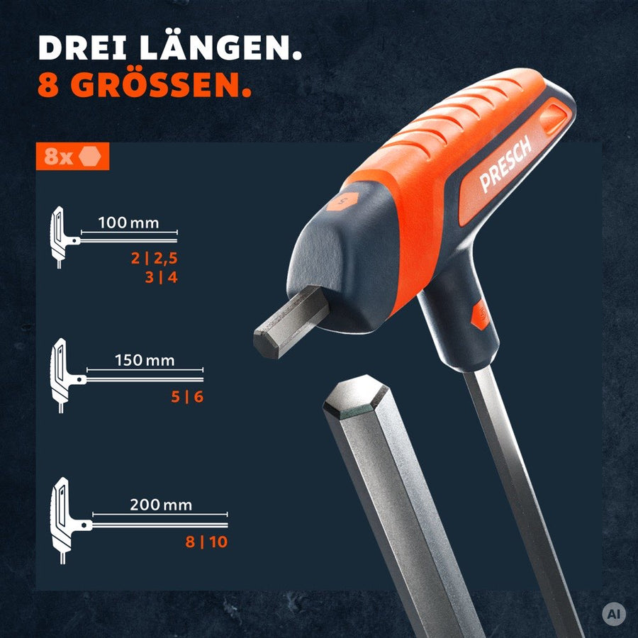Übersicht der drei Schaftlängen 100, 150 und 200 mm mit den zugehörigen Größen