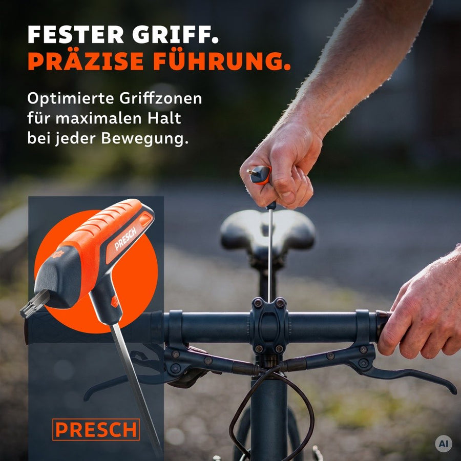 Hand umfasst den gummierten T-Griff beim Einstellen eines Fahrradlenkers