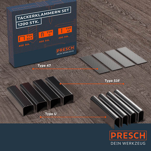 Set d'agrafes Presch avec différents types et tailles pour les travaux d'agrafage et les matériaux de fixation.