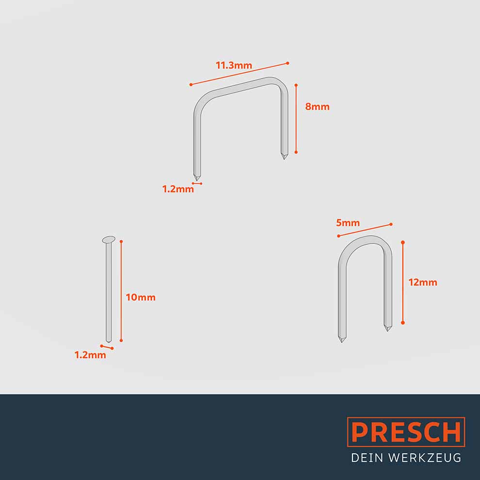 Verschiedene Größen von Tackerklammern der Marke PRESCH mit Maßangaben.