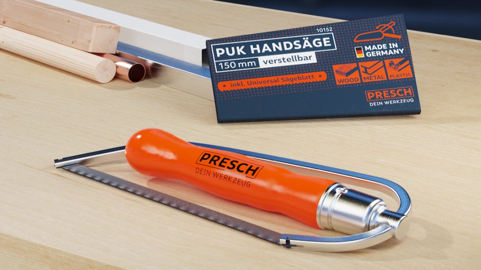 Presch Taschensäge 150mm auf Werkbank mit Holz und Verpackung, handliche Metallsäge, flexible Handsäge