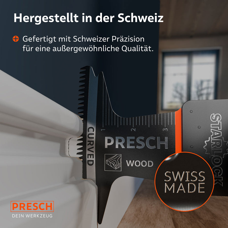 Travail de précision suisse : la lame de scie lors d’une coupe nette sur une bande en plastique ; le marquage « Swiss Made » représente une qualité exceptionnelle dans le travail du bois.