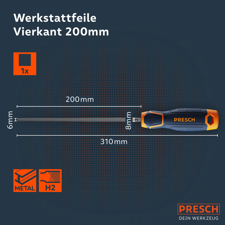 PRESCH Werkstattfeile Vierkant 200 mm, Feile mit Griff und Maßangaben im Überblick