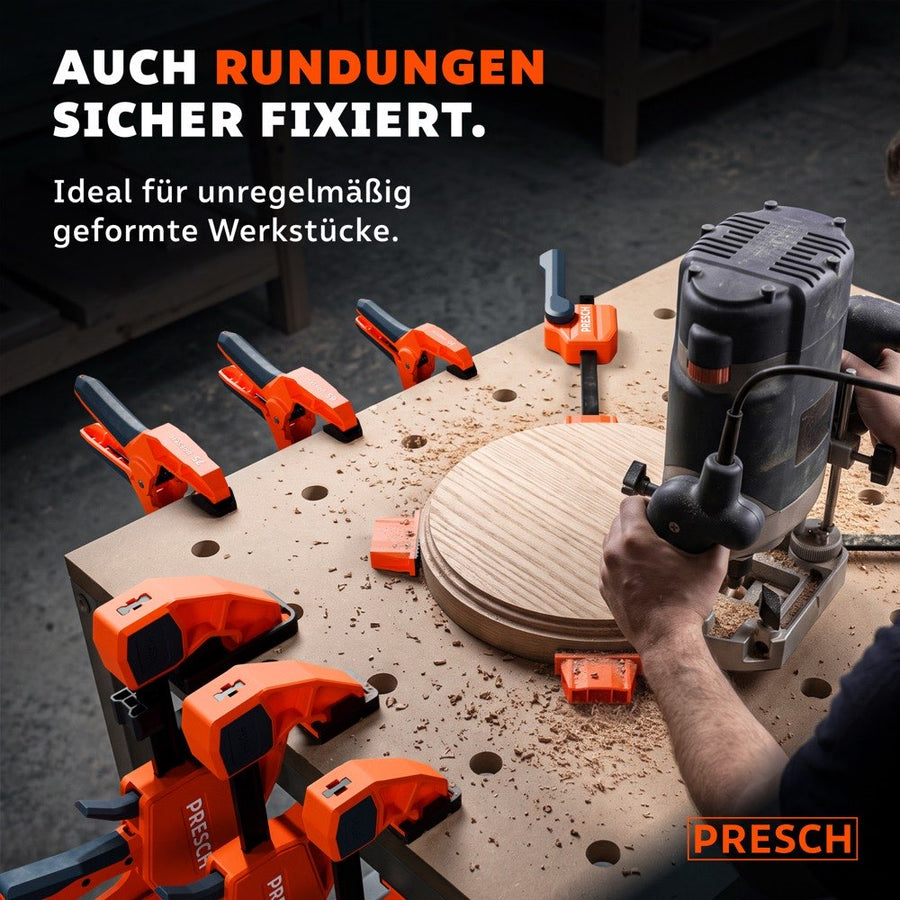 Plusieurs presses horizontales fixent également les pièces de forme irrégulière et rondes en toute sécurité.