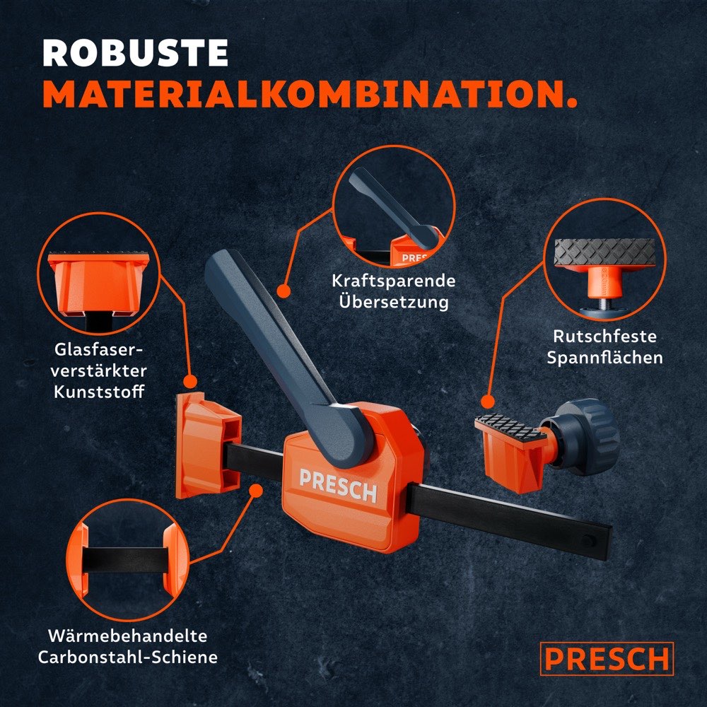 Afbeelding toont glasvezelversterkt kunststof, koolstofstalen rail en antislip spanklemmen in detail.